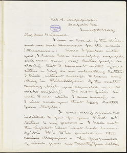 [Francis de Haes Janvier], U.S.S. Mississippi, Norfolk, VA., autograph letter signed to R. W. Griswold, 5 June 1849