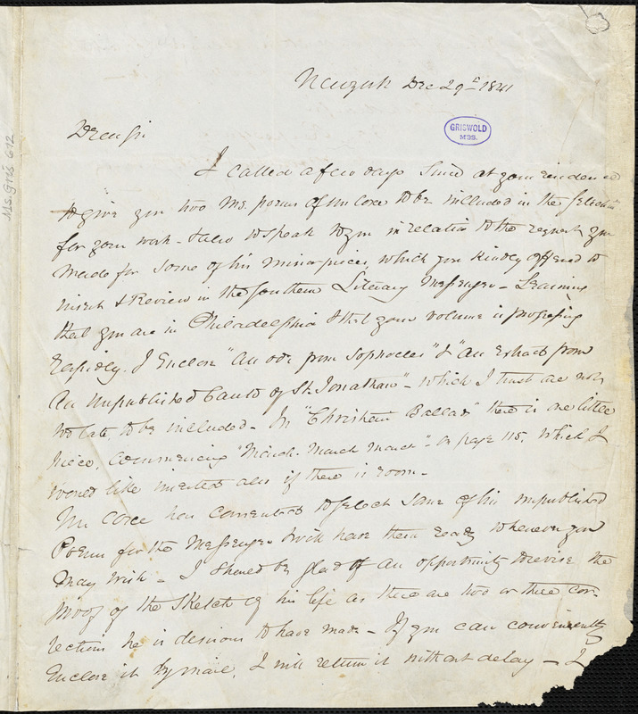 John Jay, New York, autograph letter signed to R. W. Griswold, 29 December 1841