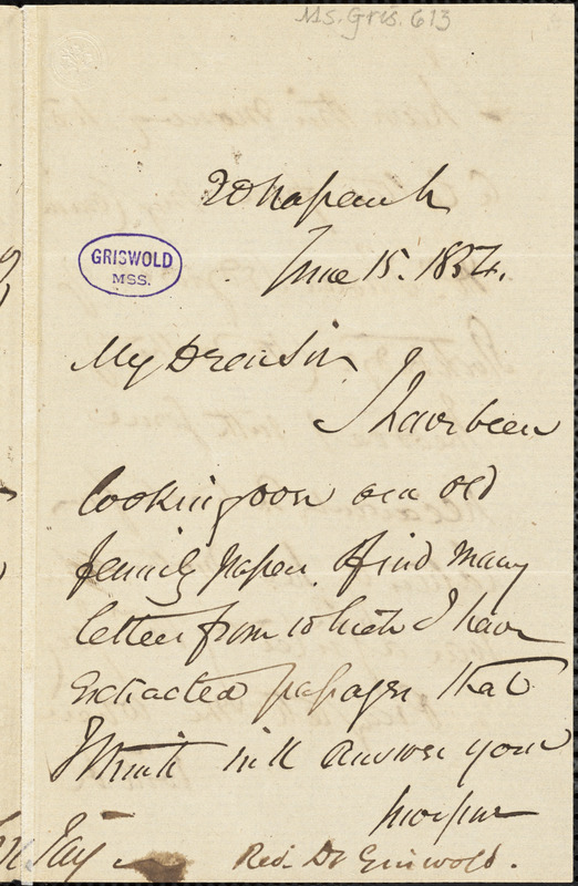 John Jay, [20 Nassau St.?], autograph letter signed to R. W. Griswold, 15 June 1854
