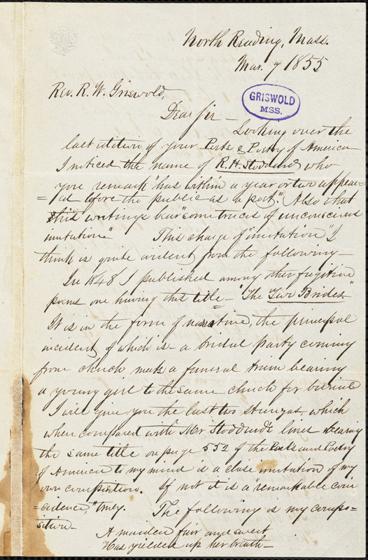T. N. Jones, North Reading, MA., autograph letter signed to R. W. Griswold, 7 March 1855