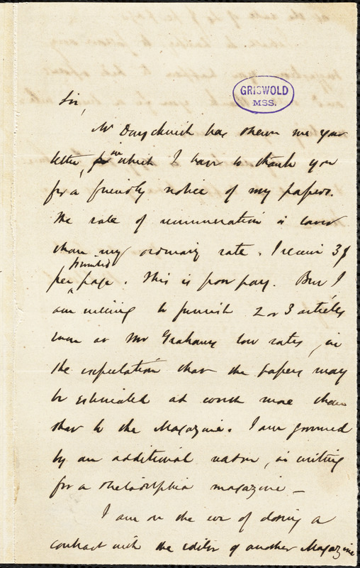 William Alfred Jones autograph letter signed to R. W. Griswold, 1 July