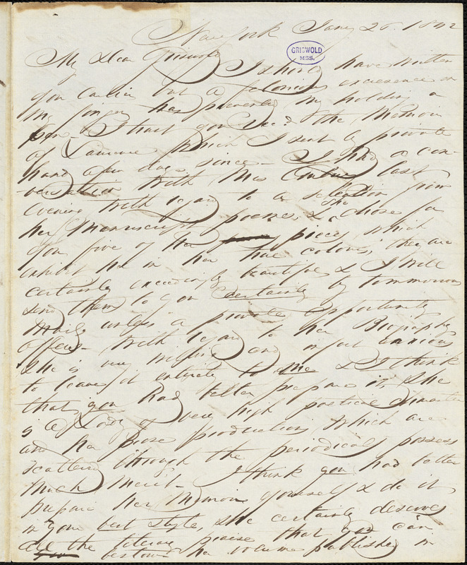 John Keese, New York, autograph letter signed to R. W. Griswold, 20 January 1842