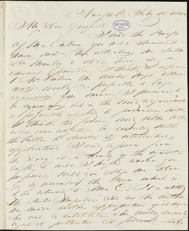 John Keese, New York, autograph letter signed to R. W. Griswold, 15 February 1842