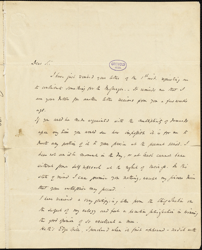 John Pendleton Kennedy, Baltimore., autograph letter signed to Thomas Willis White, 3 November 1834