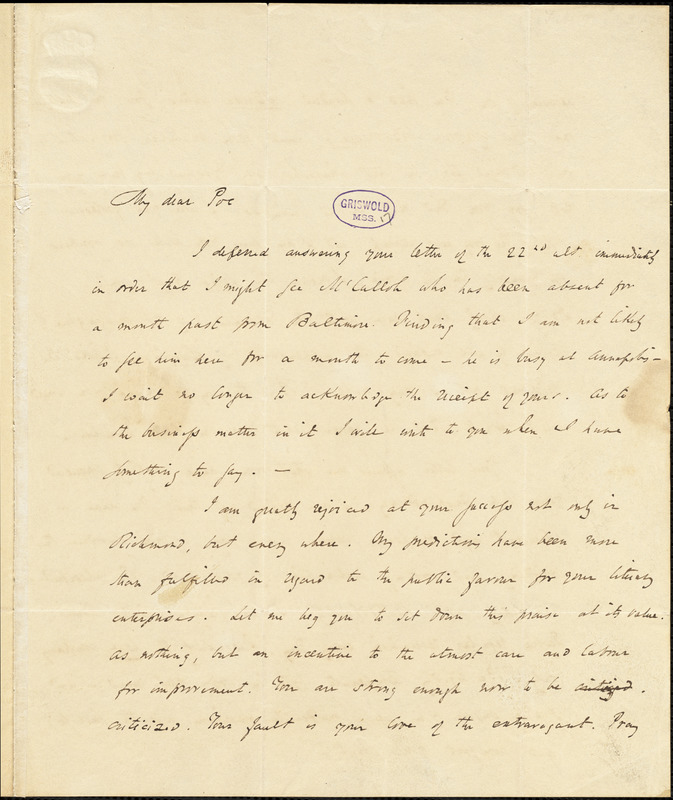John Pendleton Kennedy, Baltimore, MD., autograph letter signed to Edgar Allan Poe, 9 February 1836
