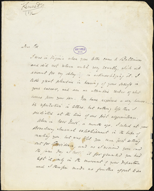 John Pendleton Kennedy, Baltimore, MD., autograph letter signed to Edgar Allan Poe, 1 December 1845