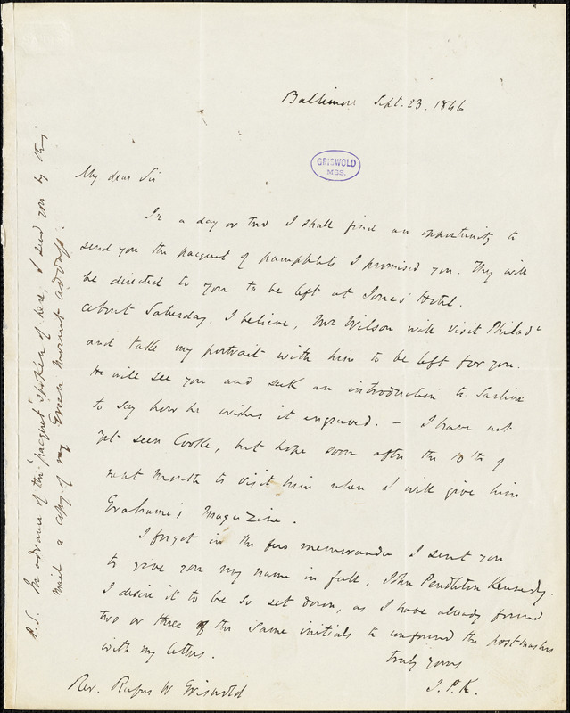 John Pendleton Kennedy, Baltimore, MD., autograph letter signed to R. W. Griswold, 23 September 1846