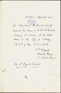 John Pendleton Kennedy, Baltimore, MD., autograph letter signed to R. W. Griswold, 25 April 1851