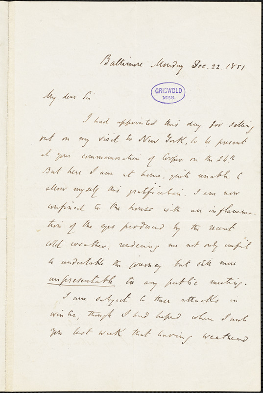 John Pendleton Kennedy, Baltimore, MD., autograph letter signed to R. W. Griswold, 22 December 1851
