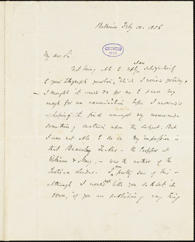 John Pendleton Kennedy, Baltimore, MD., autograph letter signed to R. W. Griswold, 10 February 1856