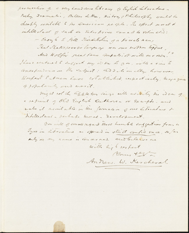 Andrew W. Kercheval, Romney, Hampshire Co., VA., autograph letter signed to R. W. Griswold, 22 January 1855
