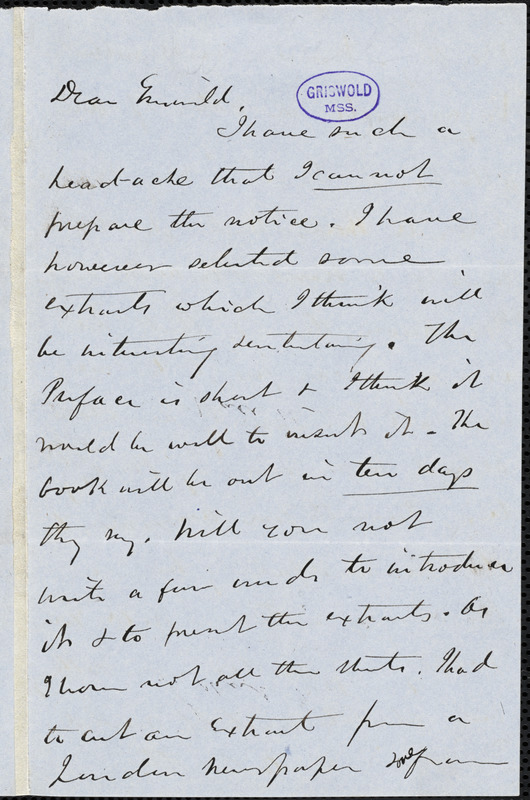 Richard Burleigh Kimball, [Seventh St.?], autograph letter signed to R. W. Griswold, 12 May 1851