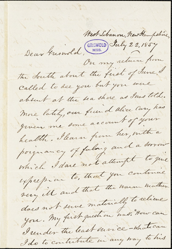 Richard Burleigh Kimball, West Lebanon, NH., autograph letter signed to R. W. Griswold, 22 July 1857