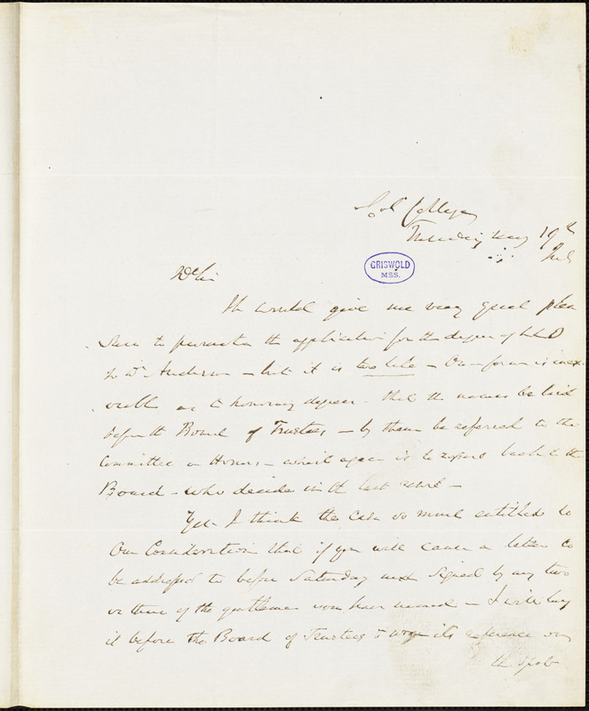 Charles King, Col[umbia] College., autograph letter signed to R. W. Griswold, 19 May