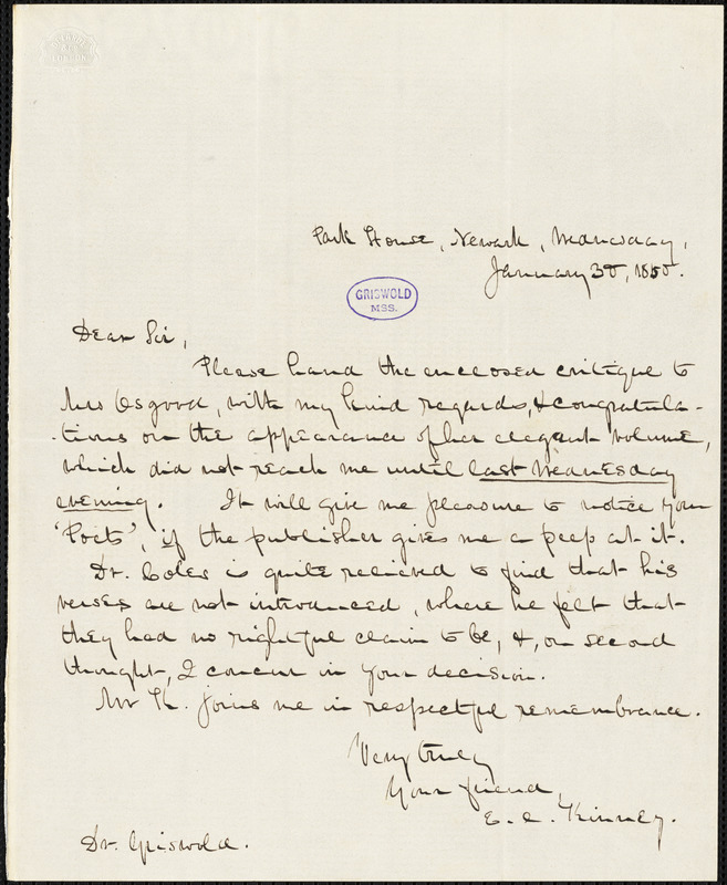 Elizabeth Clementine (Dodge) Stedman Kinney, Park House, Newark., autograph letter signed to R. W. Griswold, 30 January 1850