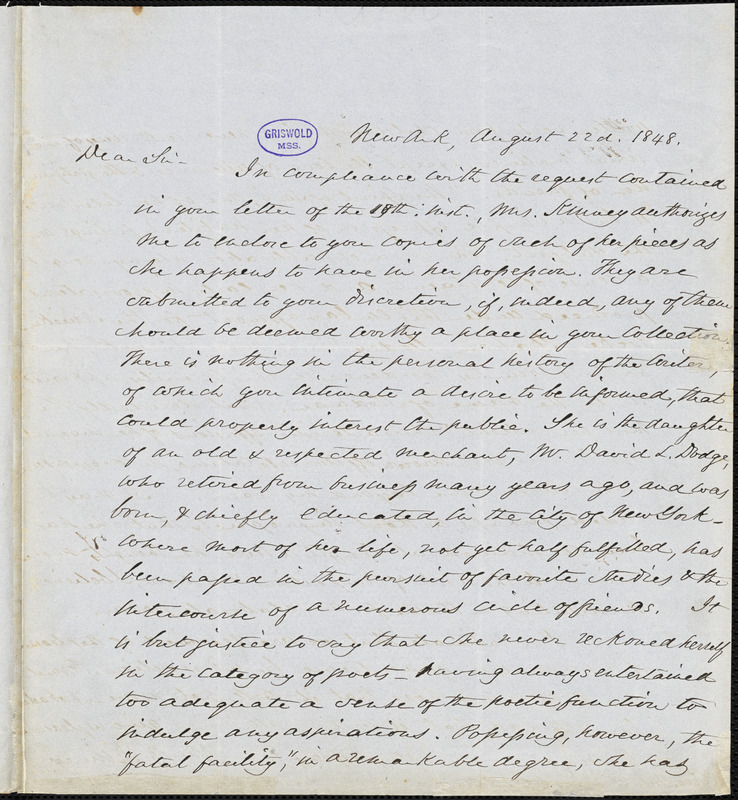 William Burnet Kinney, Newark., autograph letter signed to R. W. Griswold, 22 August 1848
