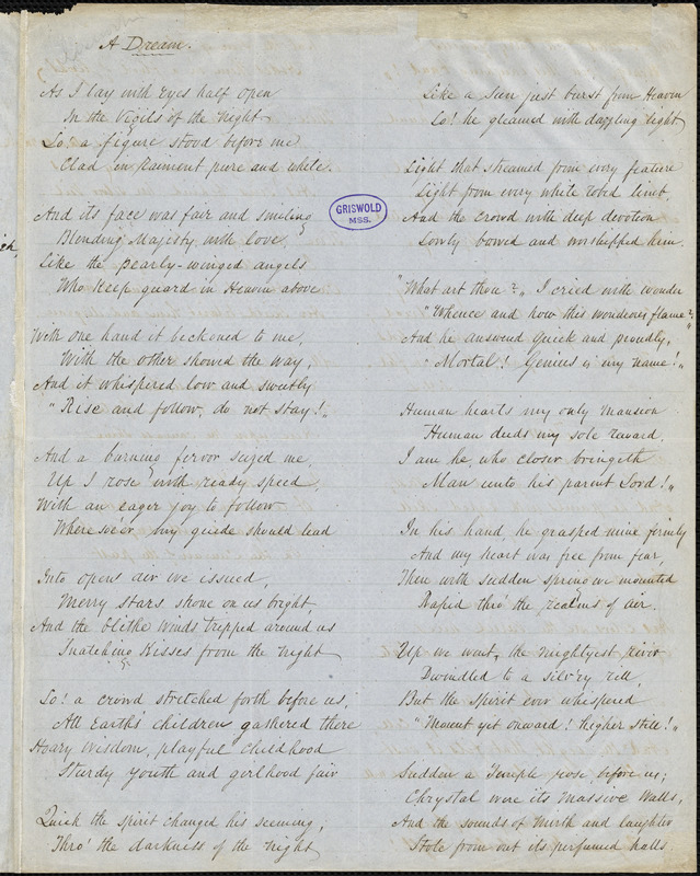 L. S. Y. manuscript poems: "A Dream," "Time," and "The Voices of the Winds.