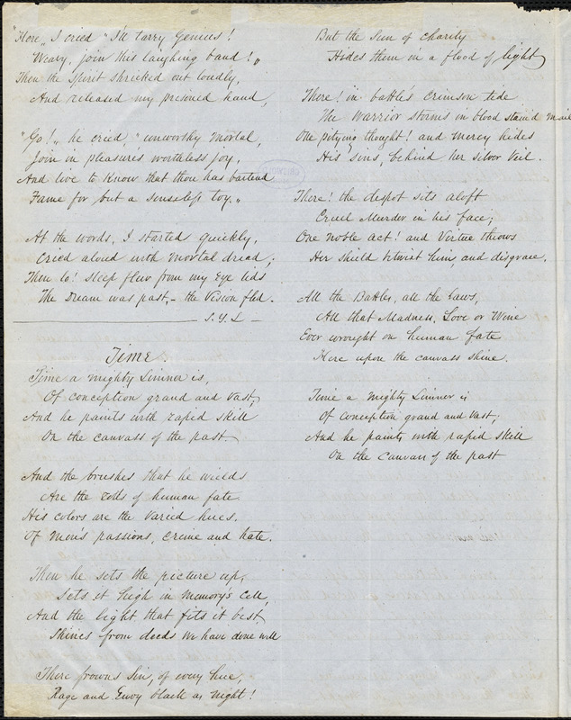 L. S. Y. manuscript poems: "A Dream," "Time," and "The Voices of the Winds.