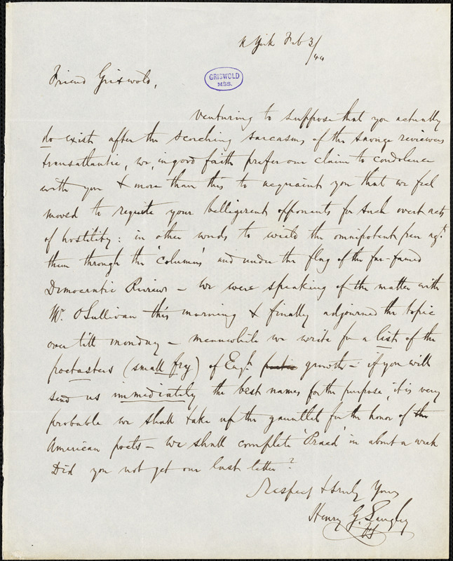 Henry G. Langley, New York, autograph letter to R. W. Griswold, 3 February 1844
