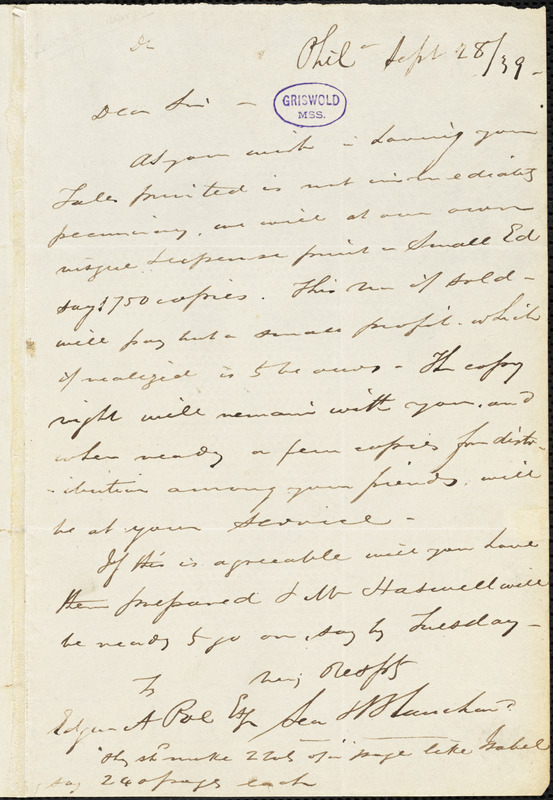 Lea and Blanchard, Philadelphia, PA., autograph letter signed to Edgar Allan Poe, 28 September 1839