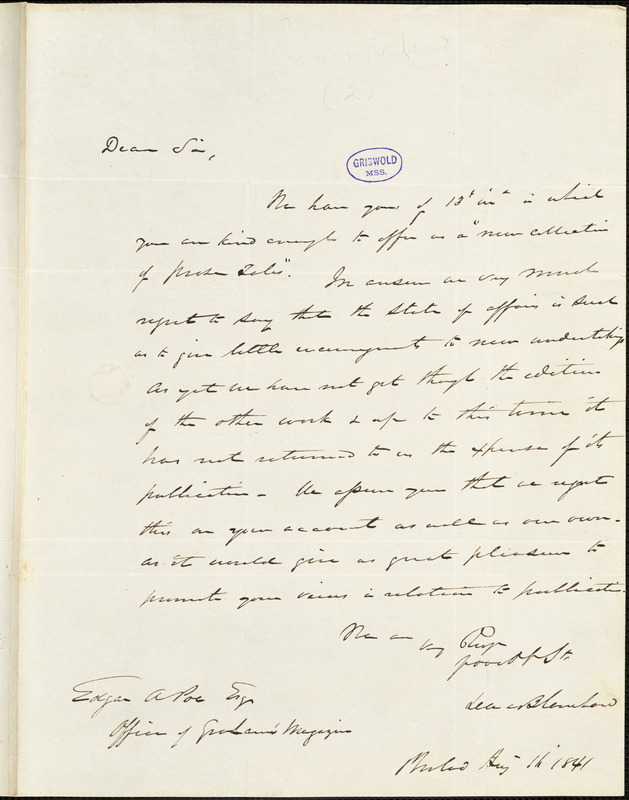 Lea and Blanchard, Philadelphia, PA., autograph letter signed to Edgar Allan Poe, 16[?] August 1841