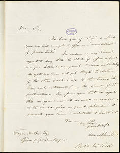 Lea and Blanchard, Philadelphia, PA., autograph letter signed to Edgar Allan Poe, 16[?] August 1841