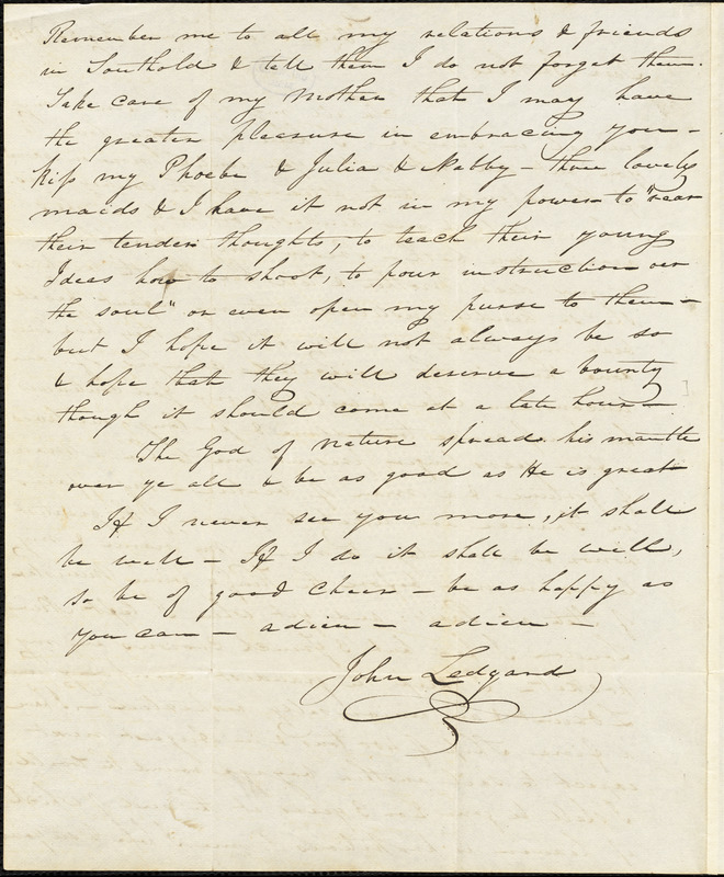John Ledyard, L'Orient, France., autograph letter signed to Thomas and George Ledyard, 23 February 1785