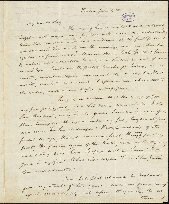 John Ledyard, London, Eng., manuscript copy of letter to Abigail Moore, June 1788