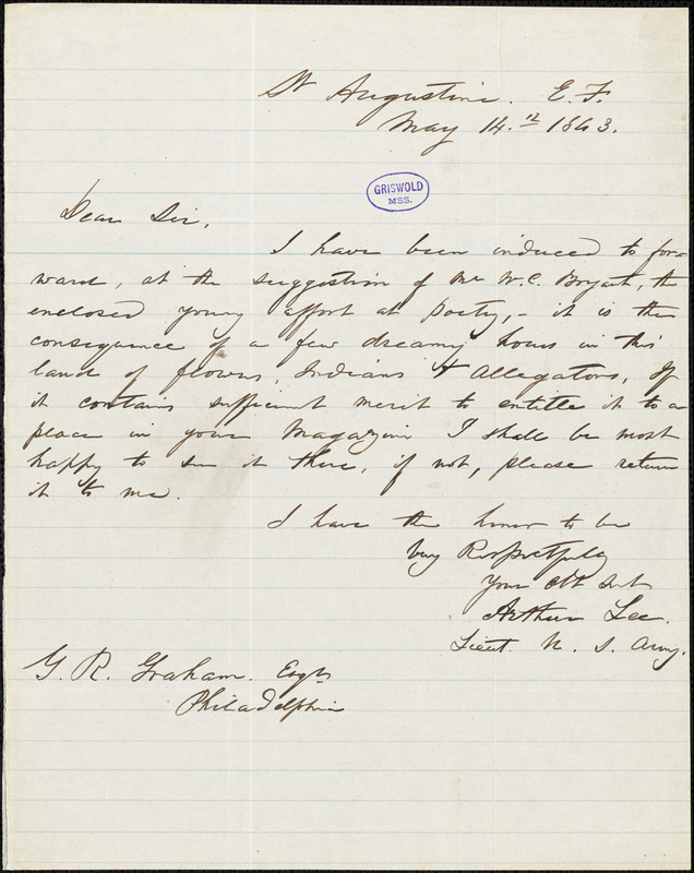 Arthur [Tracy?] Lee, St. Augustine, E.F. (FL.), autograph letter signed to George Rex Graham, 14 May 1843