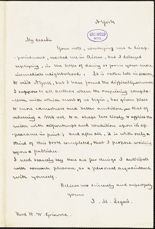 James Mathews Legaré, New York, autograph letter signed to R. W. Griswold