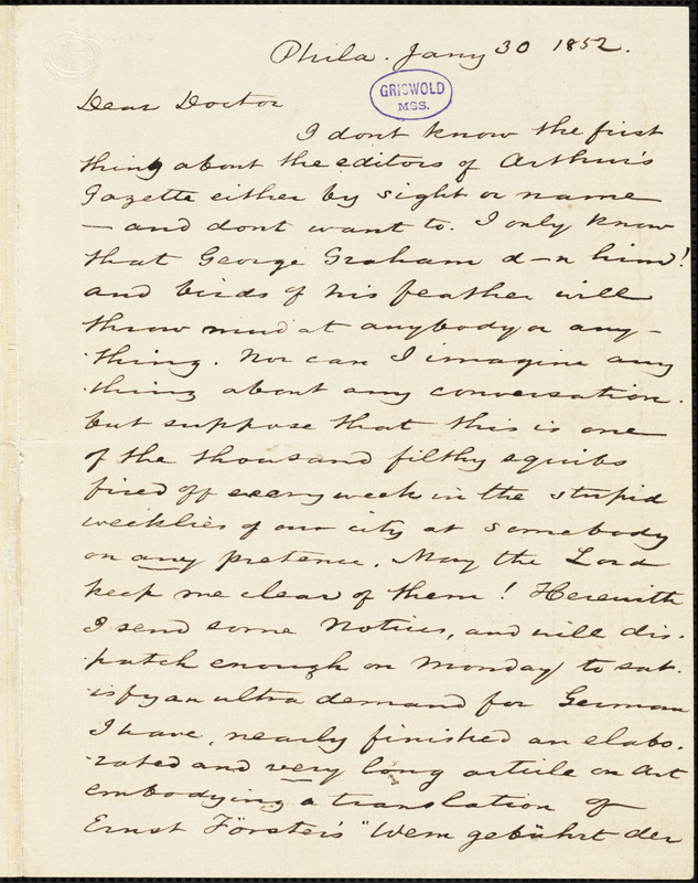 Charles Godfrey Leland, Philadelphia, PA., autograph letter signed to [R. W. Griswold], 30 January 1852