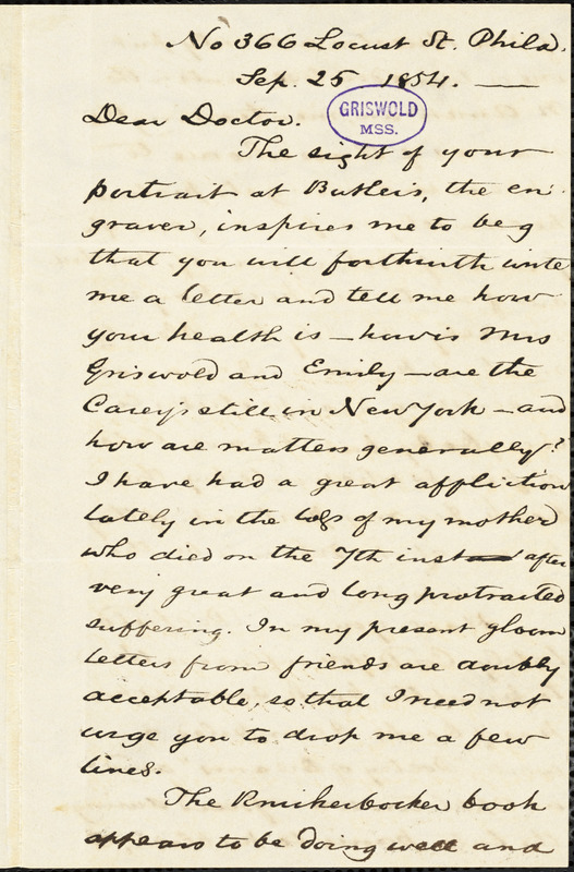 Charles Godfrey Leland, No. 366 Locust St. Philadelphia, PA., autograph letter signed to [R. W. Griswold], 25 September 1854