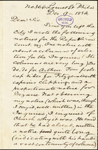 Charles Godfrey Leland, No. 366 Locust St. Philadelphia, PA., autograph letter signed to [R. W. Griswold], 9 December 1854