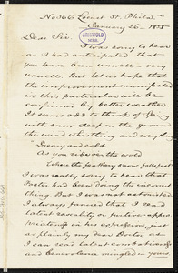 Charles Godfrey Leland, No. 366 Locust St. Philadelphia, PA., autograph letter signed to [R. W. Griswold], 26 January 1855