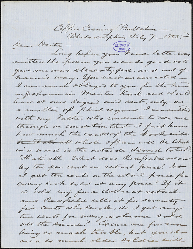 Charles Godfrey Leland, Office Evening Bulletin. Philadelphia, PA., autograph letter signed to [R. W. Griswold], 7 July 1855