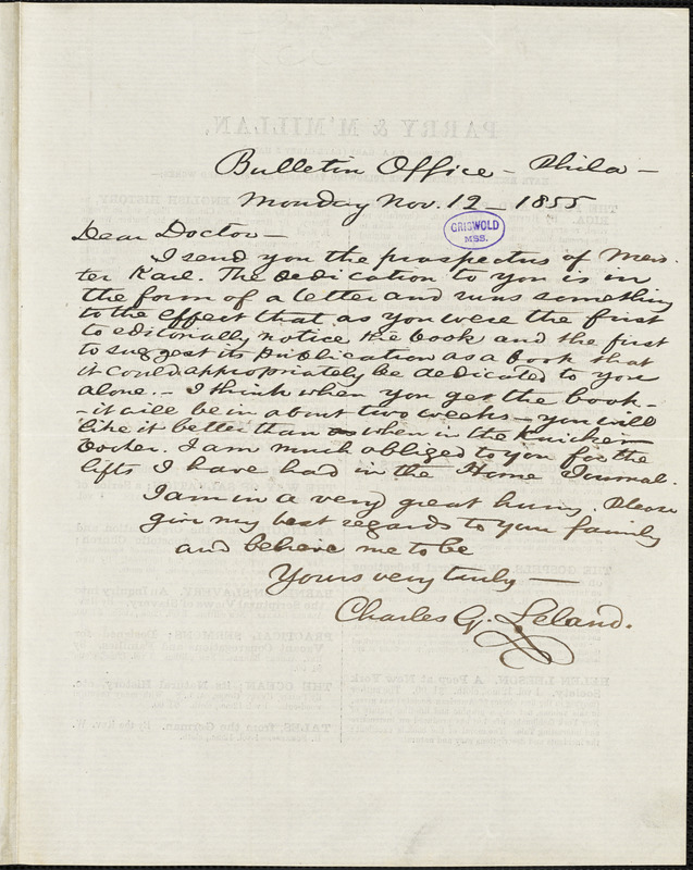 Charles Godfrey Leland, Bulletin Office., Philadelphia, PA., autograph letter signed to [R. W. Griswold], 12 November 1855