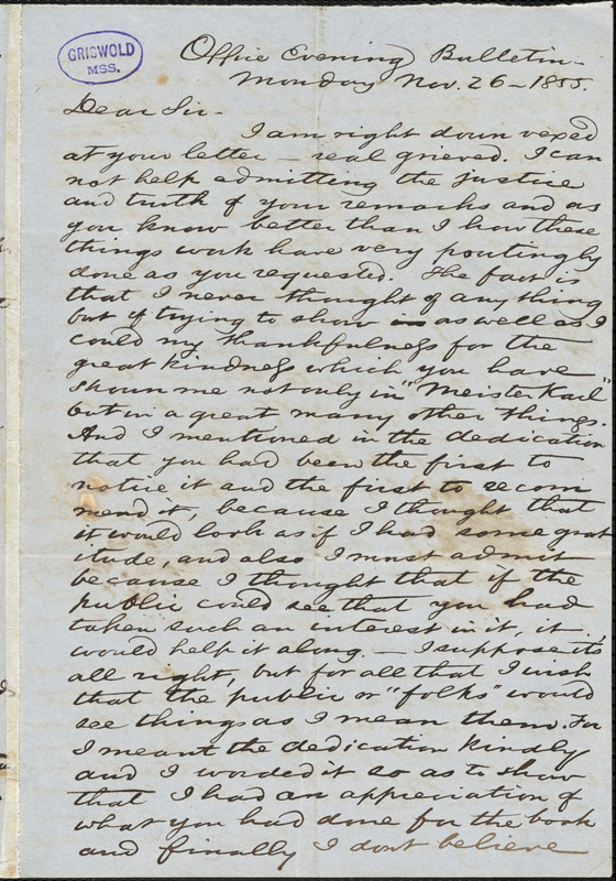 Charles Godfrey Leland, Office Evening Bulletin., autograph letter signed to [R. W. Griswold], 26 November 1855