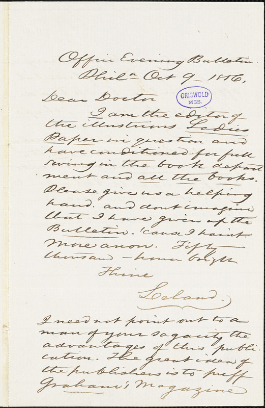 Charles Godfrey Leland, Office Evening Bulletin. Philadelphia, autograph letter signed to [R. W. Griswold], 9 October 1856
