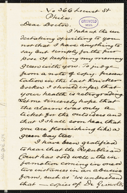 Charles Godfrey Leland, No. 366 Locust St. Philadelphia, PA., autograph letter signed to [R. W. Griswold]