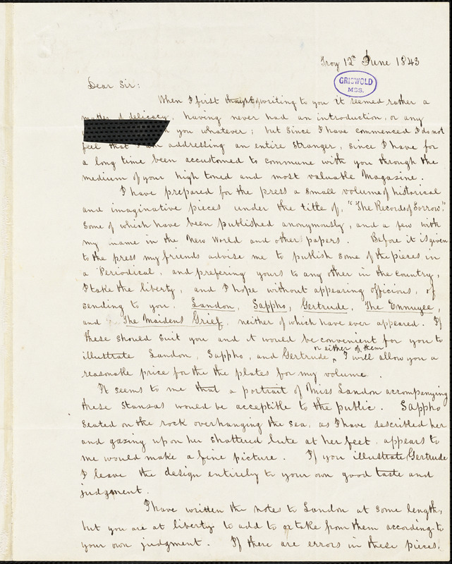 Estelle Anna Blanche (Robinson) Lewis, Troy., autograph letter to George Rex Graham, 12 June 1843