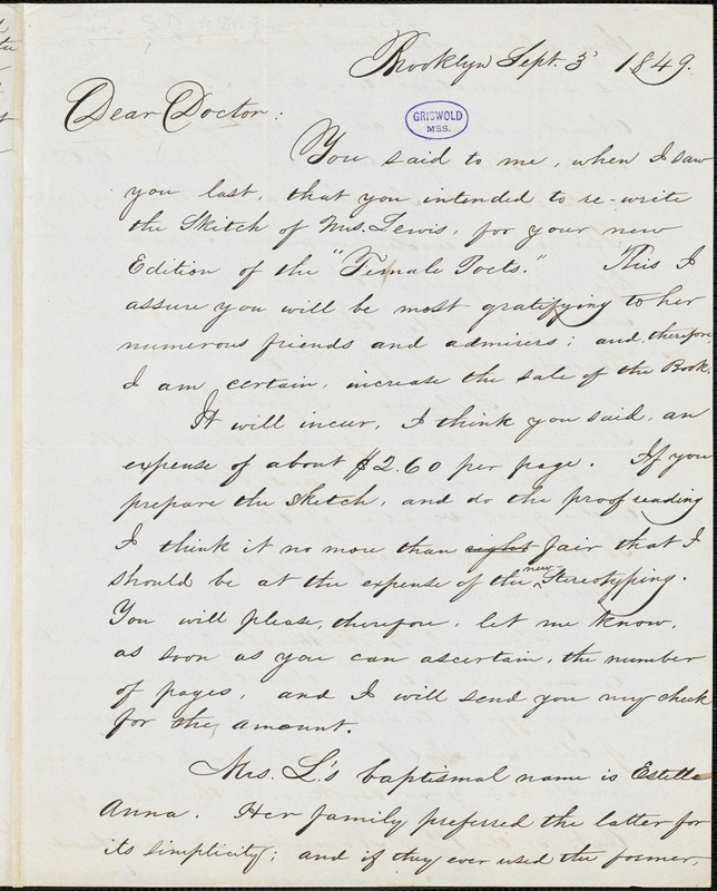 Sylvanus D. Lewis, Brooklyn, NY., autograph letter signed to R. W. Griswold, 3 September 1849