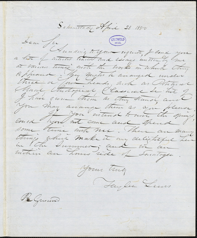 Tayler Lewis, Schenectady, NY., autograph letter signed to R. W. Griswold, 23 April 1850