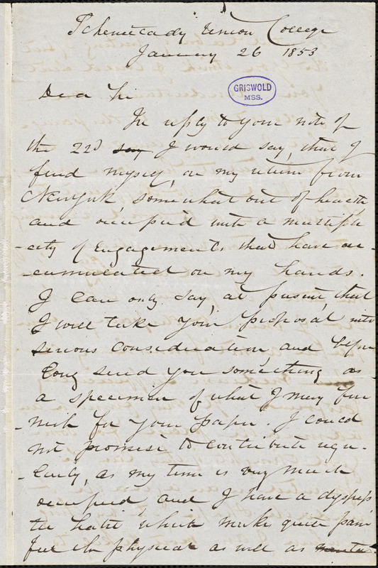 Tayler Lewis, Schenectady, NY., autograph letter signed to R. W. Griswold, 26 January 1853