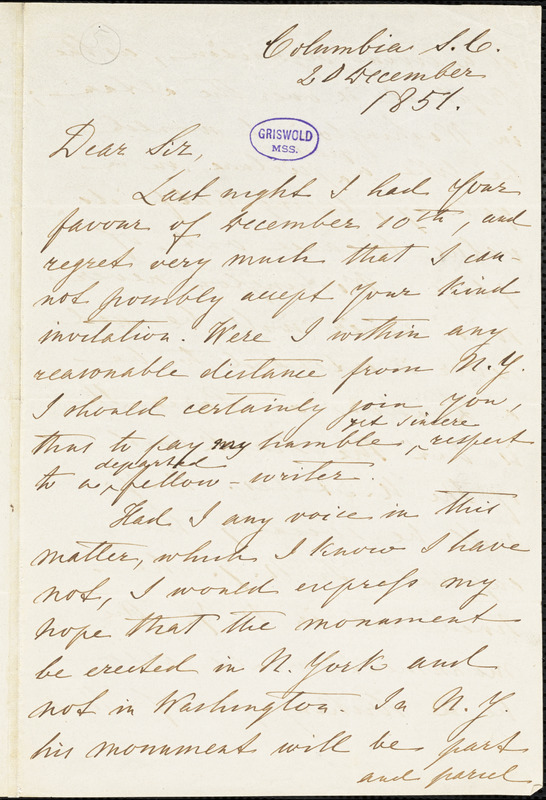 Francis Lieber, Columbia, SC., autograph letter signed, 20 December 1851