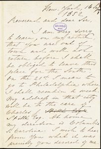 Francis Lieber, New York, autograph letter signed to [R. W. Griswold], 16 September 1852