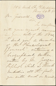 Sarah Jane (Clarke) Lippincott, (Grace Greenwood, pseudonym), 386 Arch St. Philadelphia, autograph letter signed to R. W. Griswold, 24 May 1855