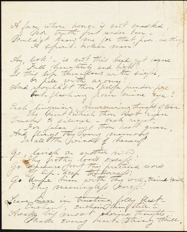 Sarah Jane (Clarke) Lippincott, (Grace Greenwood, pseudonym) manuscript poem: "The Lover of His Faithless Mistress."