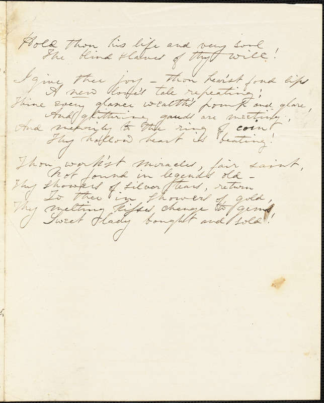 Sarah Jane (Clarke) Lippincott, (Grace Greenwood, pseudonym) manuscript poem: "The Lover of His Faithless Mistress."