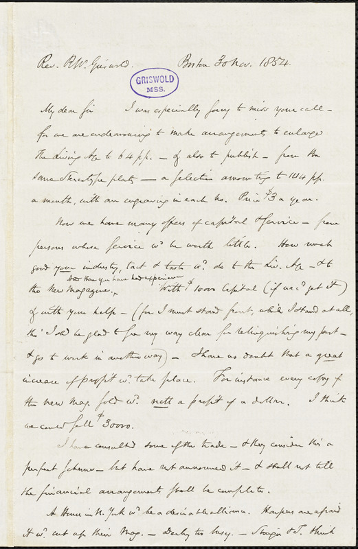 Eliakim Littell, Boston, autograph letter signed to R. W. Griswold, 30 November 1854