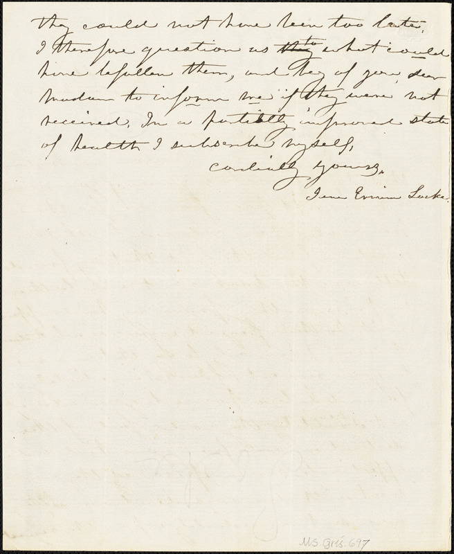 Jane Ermina (Stockweather) Locke, 61 Federal St. Boston, autograph letter signed to Mary Elizabeth (Moore) Hewitt Stebbins, 6 January 1851